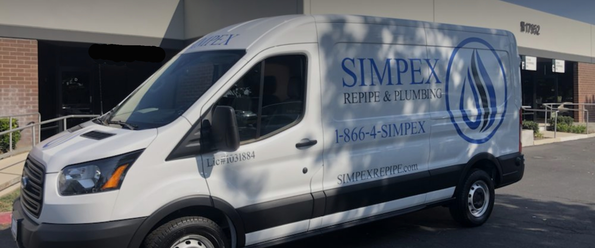 Simpex Repipe & Plumbing service van showing the 1-866-4-SIMPEX number and license number