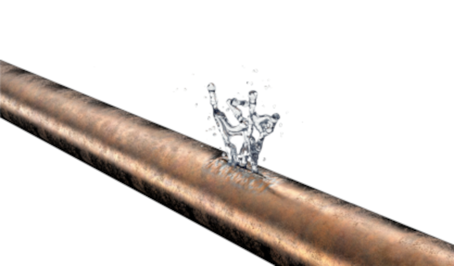 Water spraying from a burst, corroded pipe
